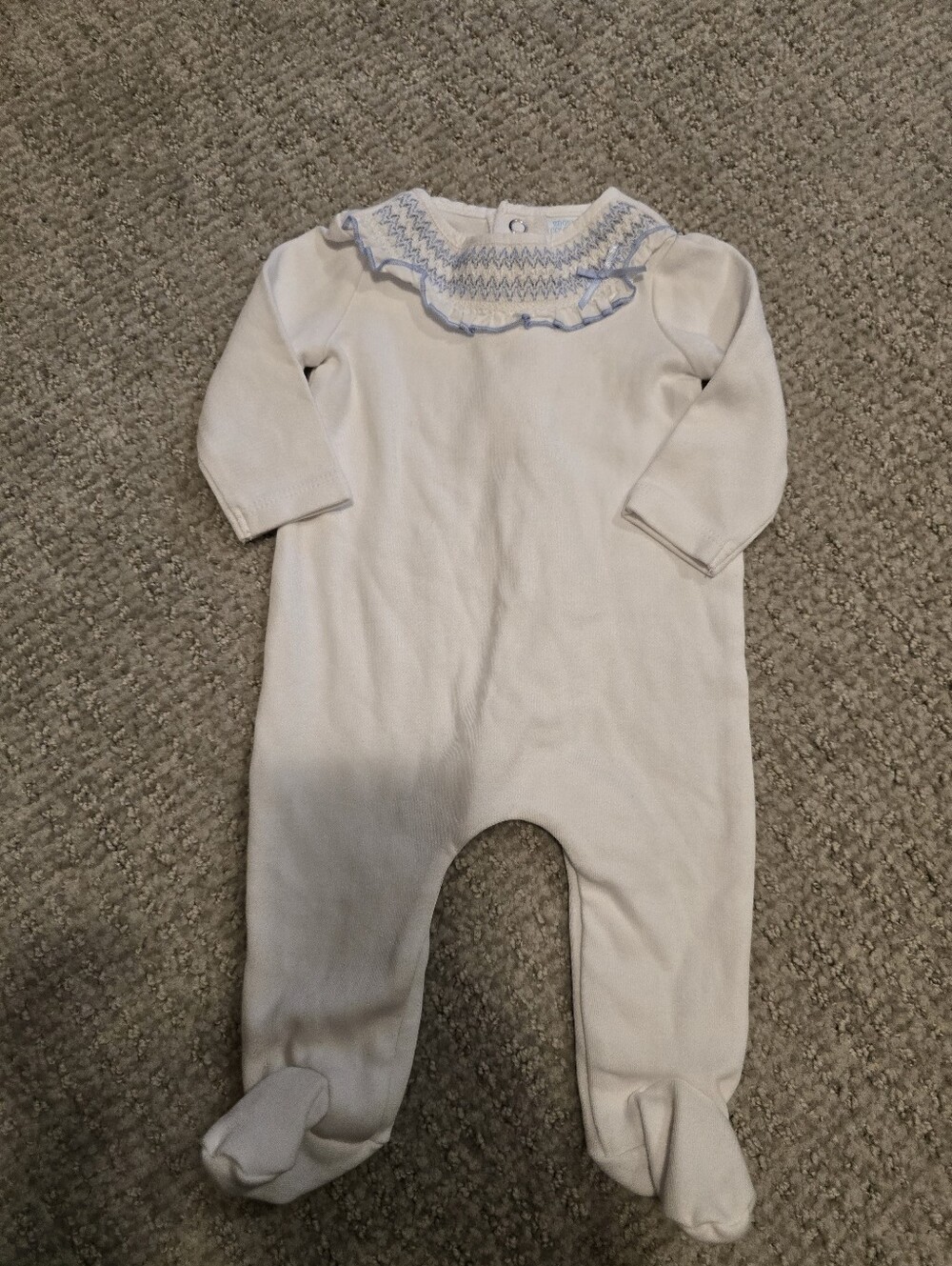 Edgehill Collection Classic Smocked Ivory Baby One-Piece with Blue Trim